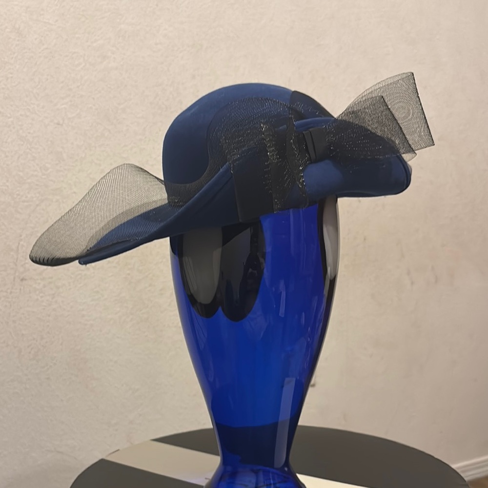Elegant Blue Hat with Black Mesh Bow